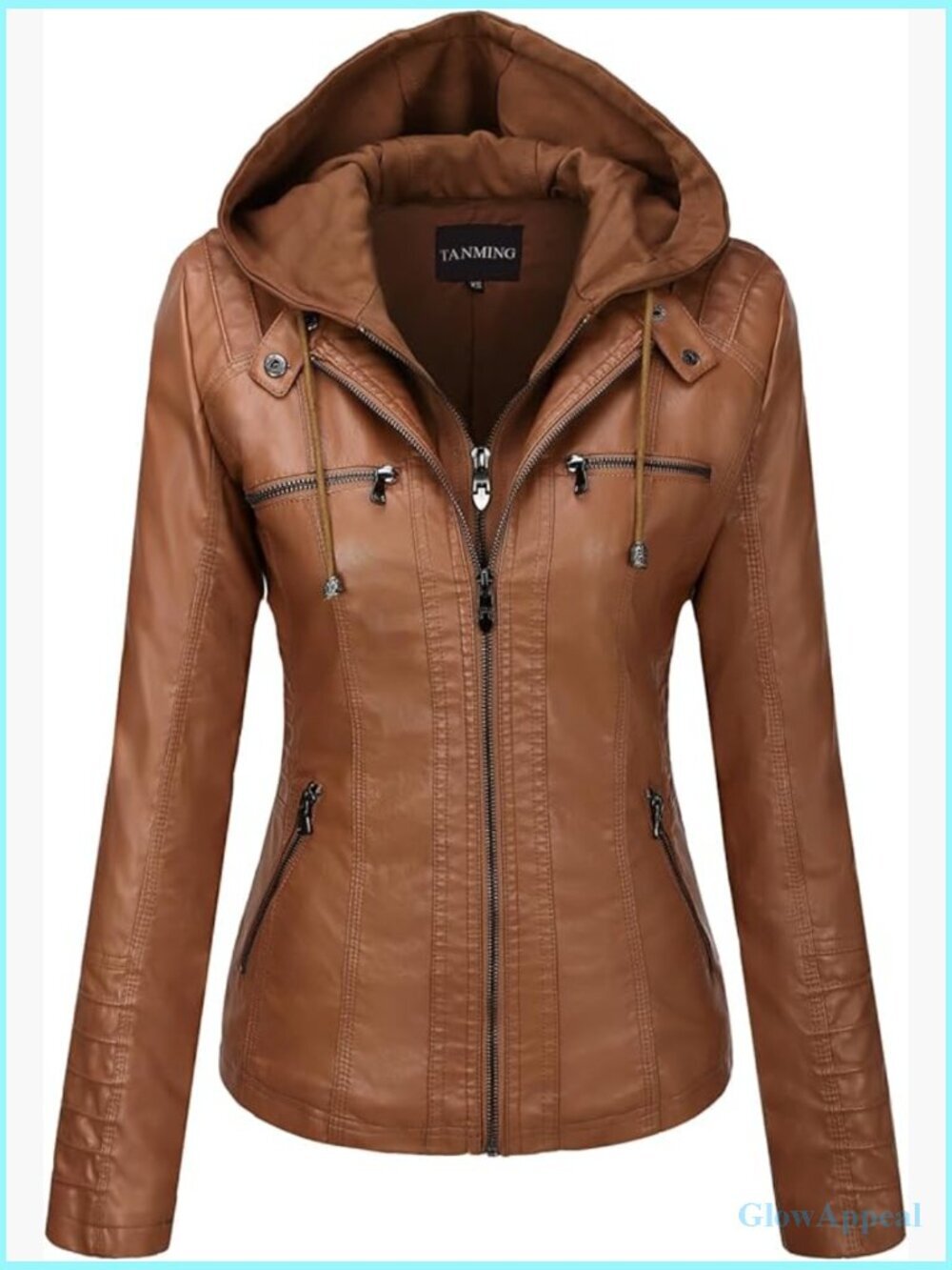 Faux Leather Moto Jacket with Detachable Hood Slim Fit Biker Coat
